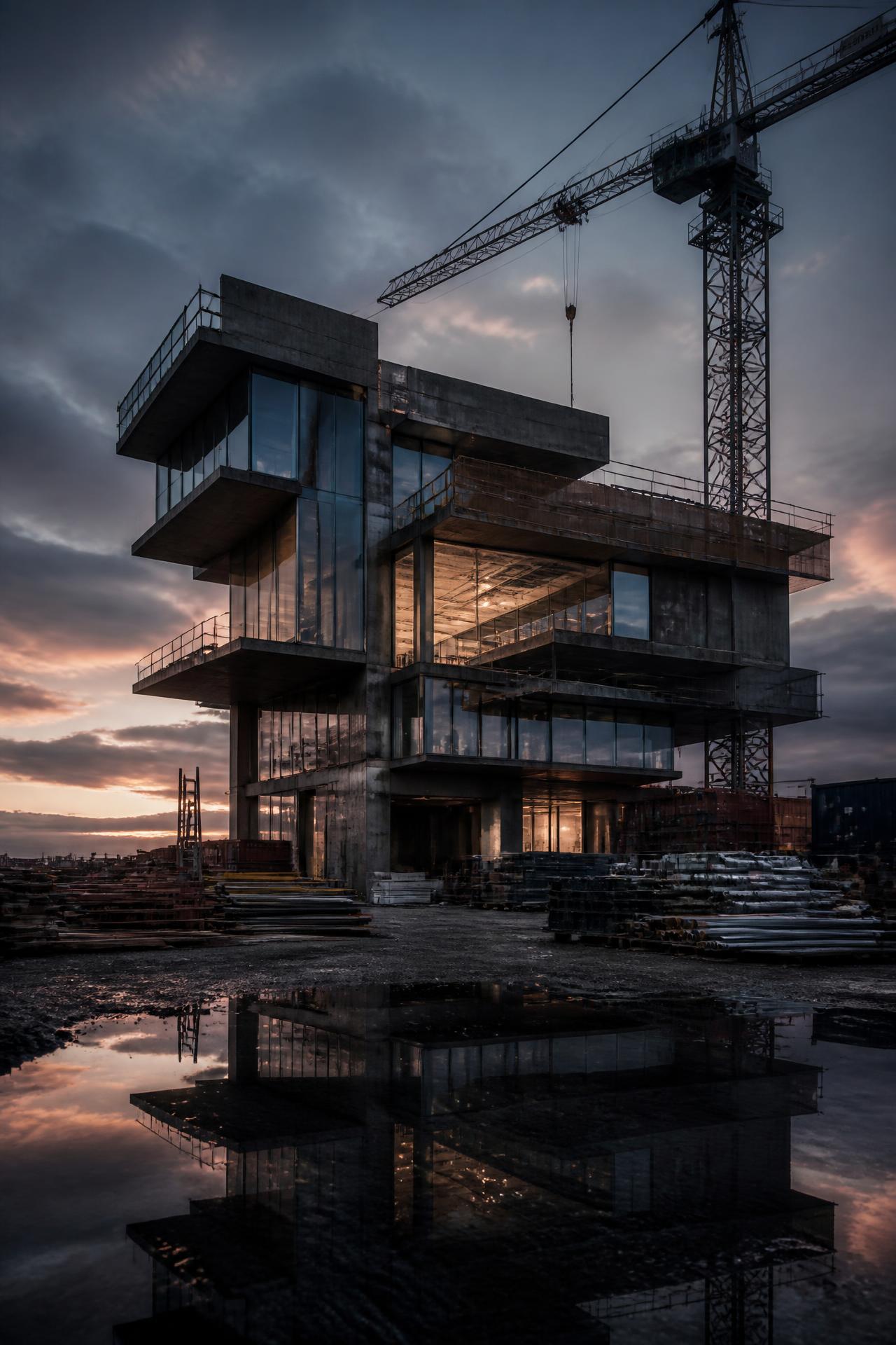 Obra de arquitetura moderna em construção ao entardecer